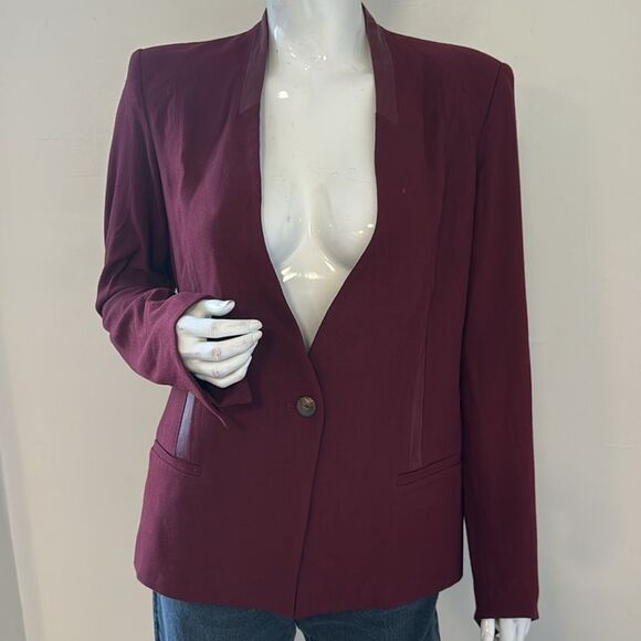 Helmut Lang Burgundy Wool Blend Blazer Jacket w Tonal Leather Trim Single Button - Picture 1 of 8